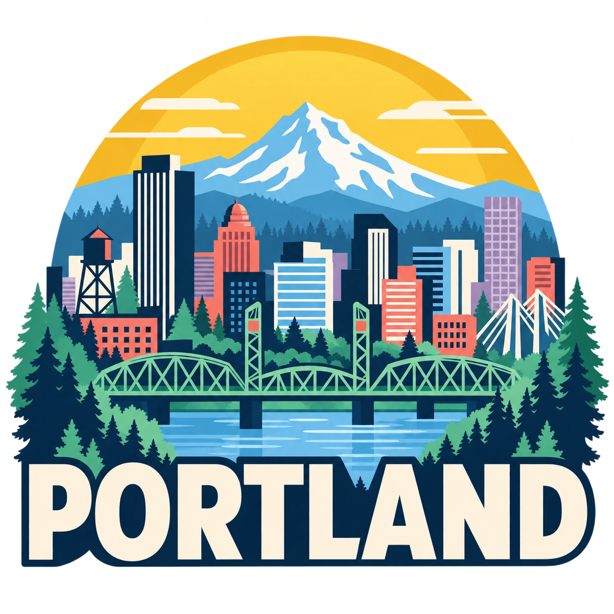 Illustrated Portland skyline with Mount Hood, bridges, evergreens, and the word Portland
